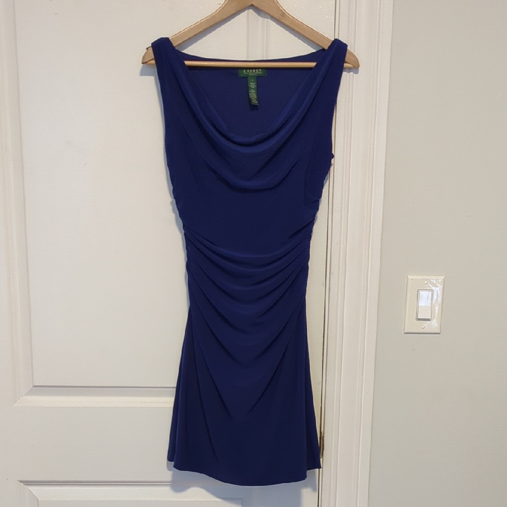 Ralph Lauren Royal Blue Ruched Sleeveless Dress Scoop Neck Size 4